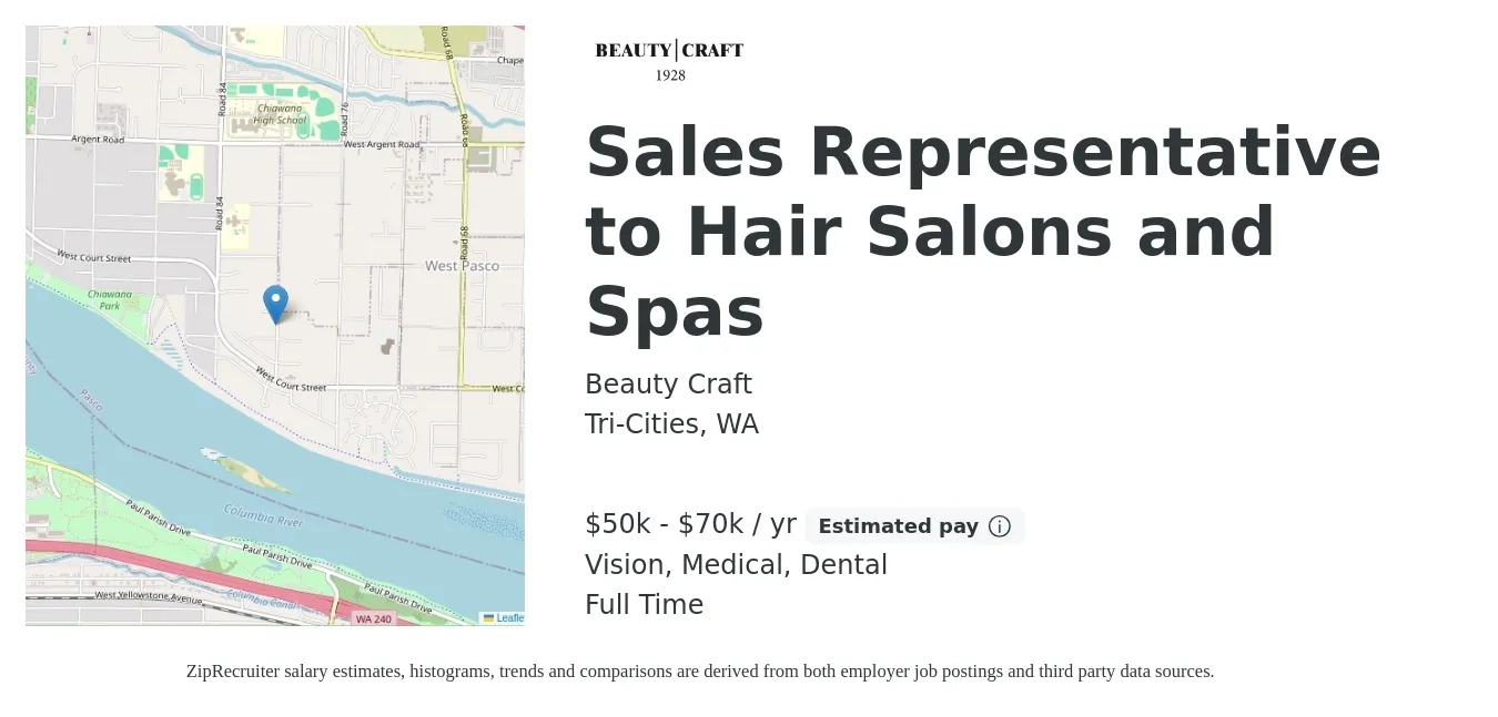 Beauty Craft job posting for a Sales Representative to Hair Salons and Spas in Tri-Cities, WA with a salary of $50,000 to $60,000 Yearly (plus commission) and benefits including medical, retirement, vision, and dental with a map of Tri-Cities location.