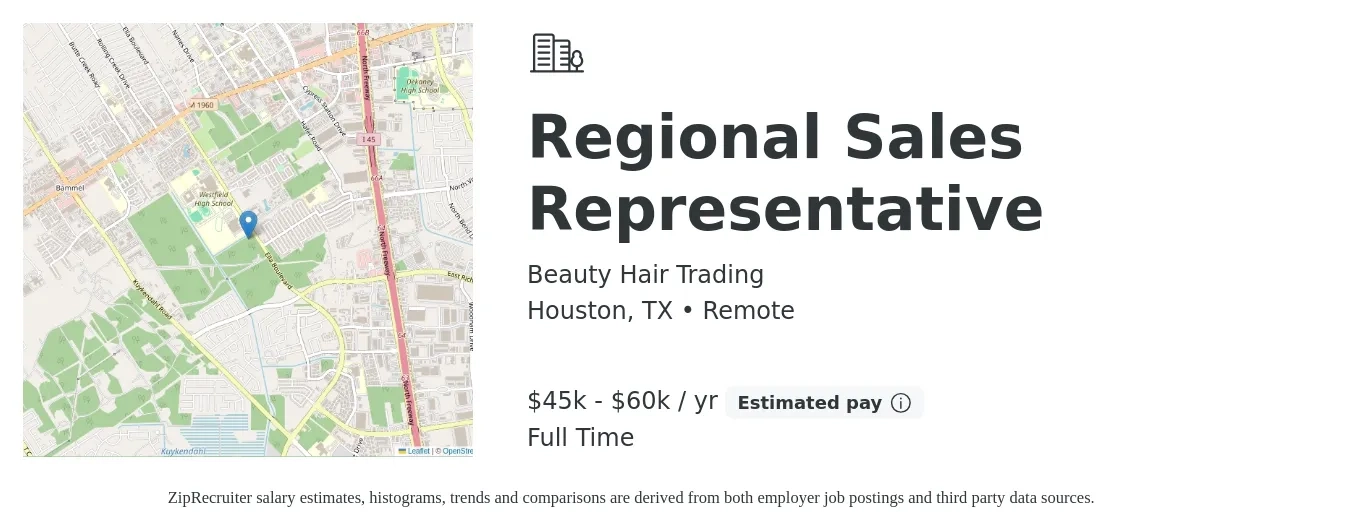 Beauty Hair Trading job posting for a Regional Sales Representative in Houston, TX with a salary of $45,000 to $60,000 Yearly with a map of Houston location.