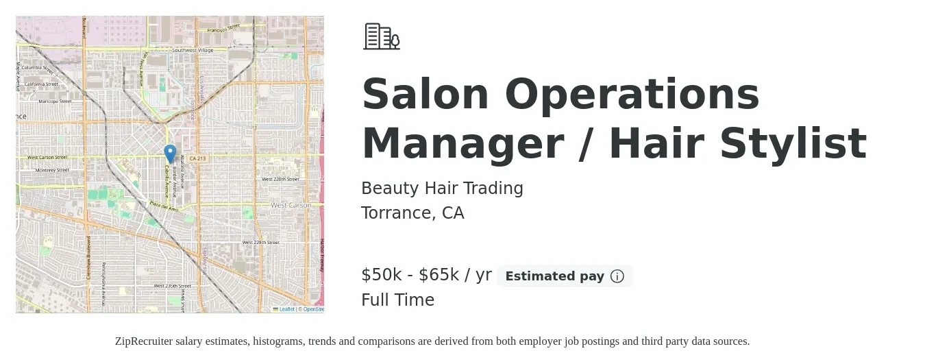 Beauty Hair Trading job posting for a Salon Operations Manager / Hair Stylist in Torrance, CA with a salary of $50,000 to $65,000 Yearly with a map of Torrance location.