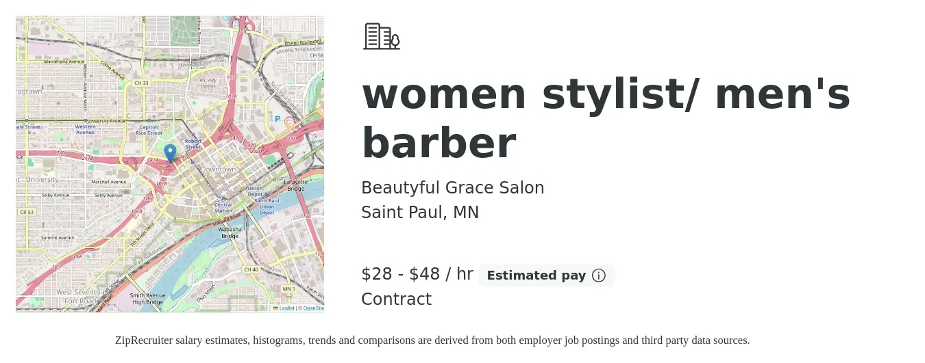Beautyful Grace Salon job posting for a women stylist/ men's barber in Saint Paul, MN with a salary of $30 to $50 Hourly with a map of Saint Paul location.