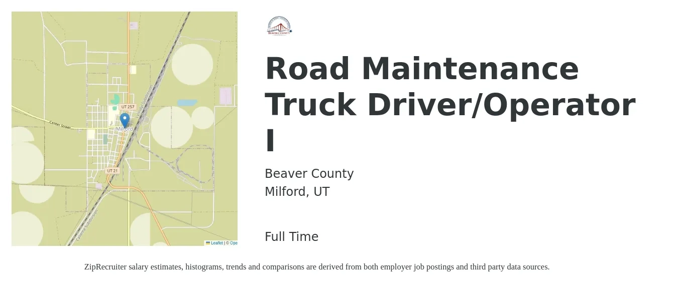 Beaver County job posting for a Road Maintenance Truck Driver/Operator I in Milford, UT with a salary of $18 to $28 Hourly with a map of Milford location.
