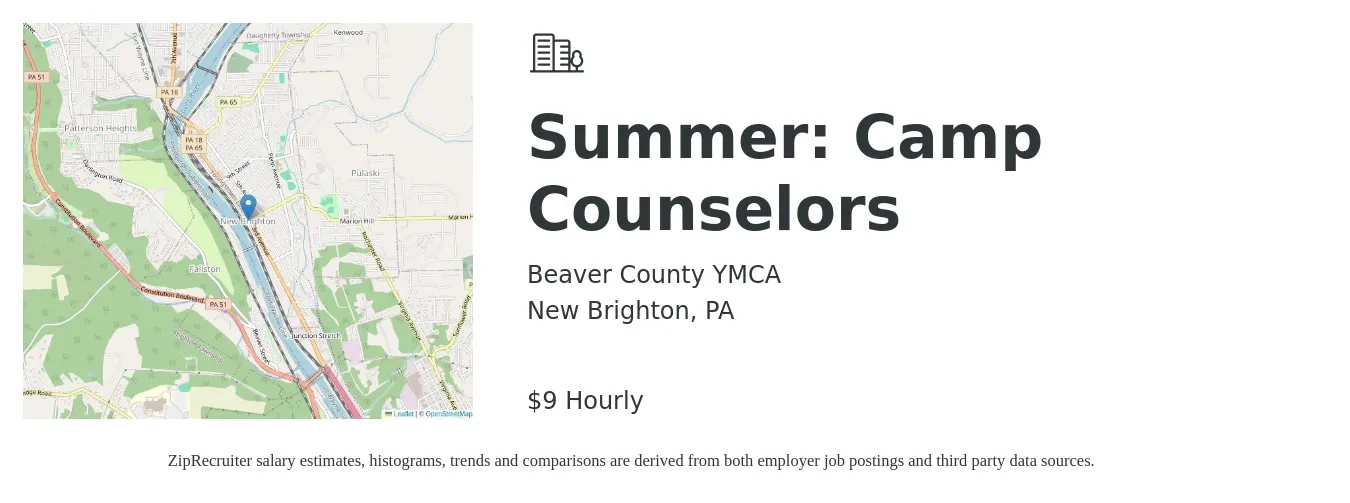 Beaver County YMCA job posting for a Summer: Camp Counselors in New Brighton, PA with a salary of $10 Hourly with a map of New Brighton location.
