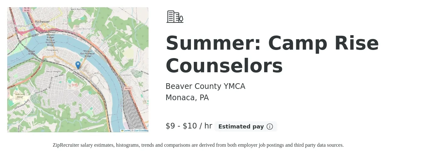Beaver County YMCA job posting for a Summer: Camp Rise Counselors in Monaca, PA with a salary of $10 to $11 Hourly with a map of Monaca location.