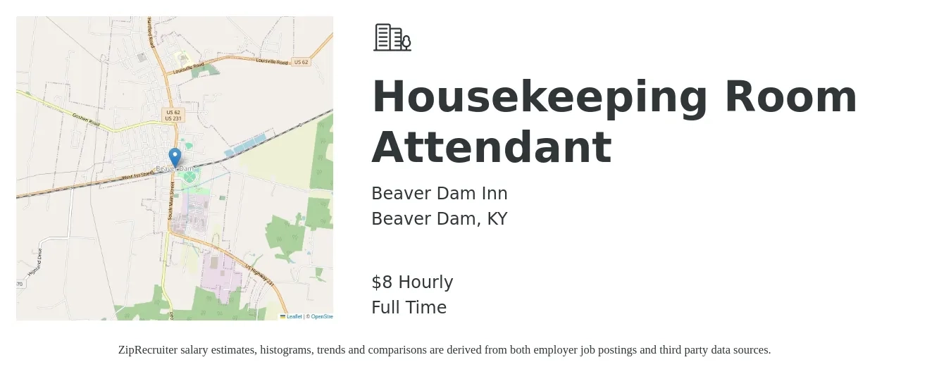 Beaver Dam Inn job posting for a Housekeeping Room Attendant in Beaver Dam, KY with a salary of $9 Hourly with a map of Beaver Dam location.