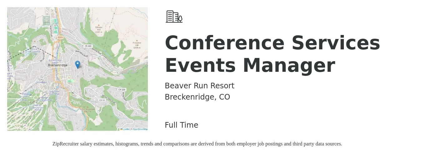 Beaver Run Resort job posting for a Conference Services Events Manager in Breckenridge, CO with a salary of $57,000 to $80,200 Yearly with a map of Breckenridge location.