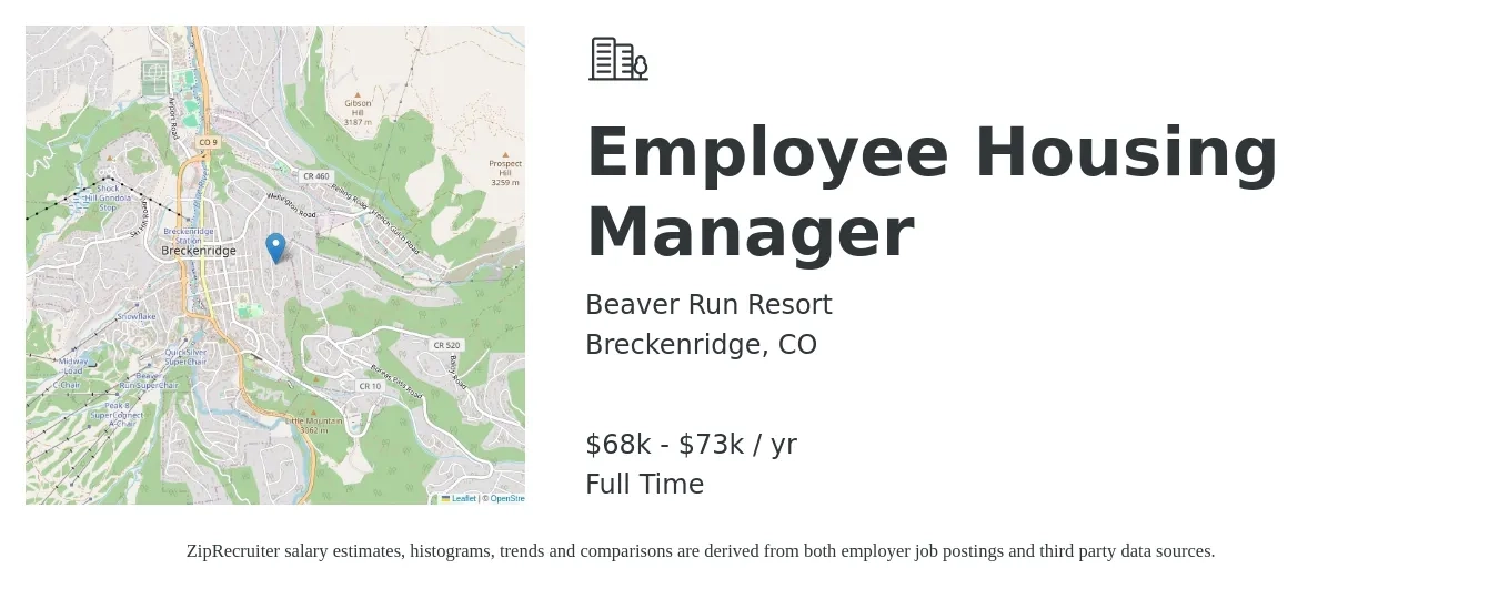 Beaver Run Resort job posting for a Employee Housing Manager in Breckenridge, CO with a salary of $33 to $35 Hourly with a map of Breckenridge location.