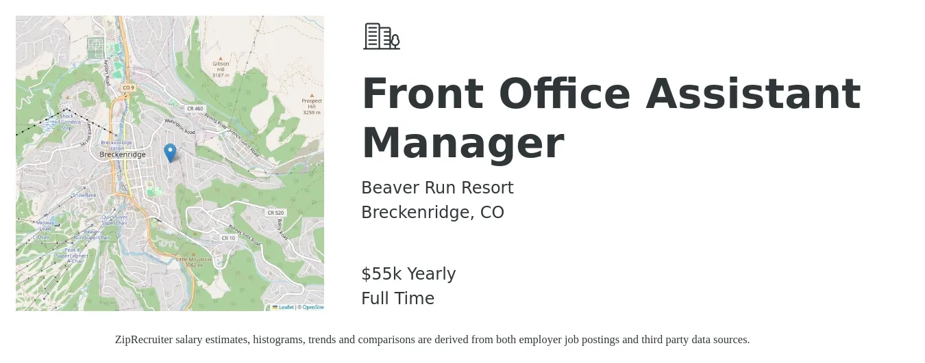 Beaver Run Resort job posting for a Front Office Assistant Manager in Breckenridge, CO with a salary of $55,000 Yearly with a map of Breckenridge location.