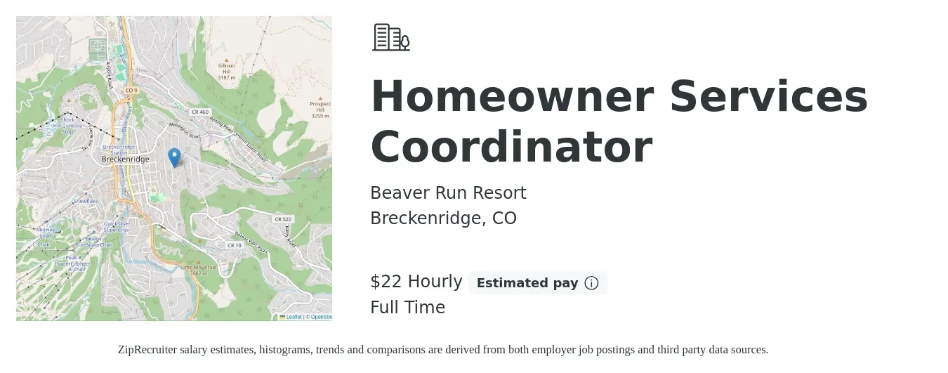 Beaver Run Resort job posting for a Homeowner Services Coordinator in Breckenridge, CO with a salary of $23 Hourly with a map of Breckenridge location.