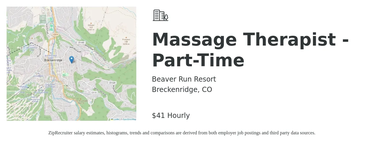 Beaver Run Resort job posting for a Massage Therapist - Part-Time in Breckenridge, CO with a salary of $40 to $55 Hourly with a map of Breckenridge location.