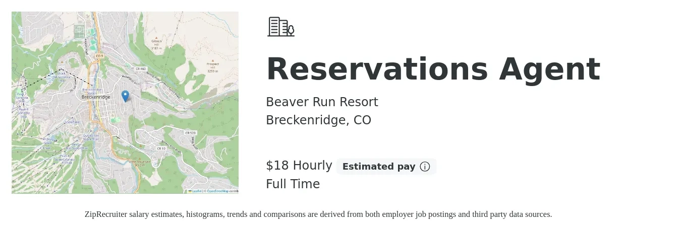 Beaver Run Resort job posting for a Reservations Agent in Breckenridge, CO with a salary of $19 Hourly with a map of Breckenridge location.