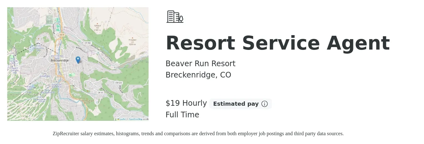 Beaver Run Resort job posting for a Resort Service Agent in Breckenridge, CO with a salary of $20 Hourly with a map of Breckenridge location.