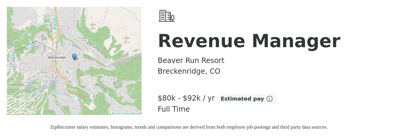 Beaver Run Resort job posting for a Revenue Manager in Breckenridge, CO with a salary of $80,000 to $92,000 Yearly with a map of Breckenridge location.