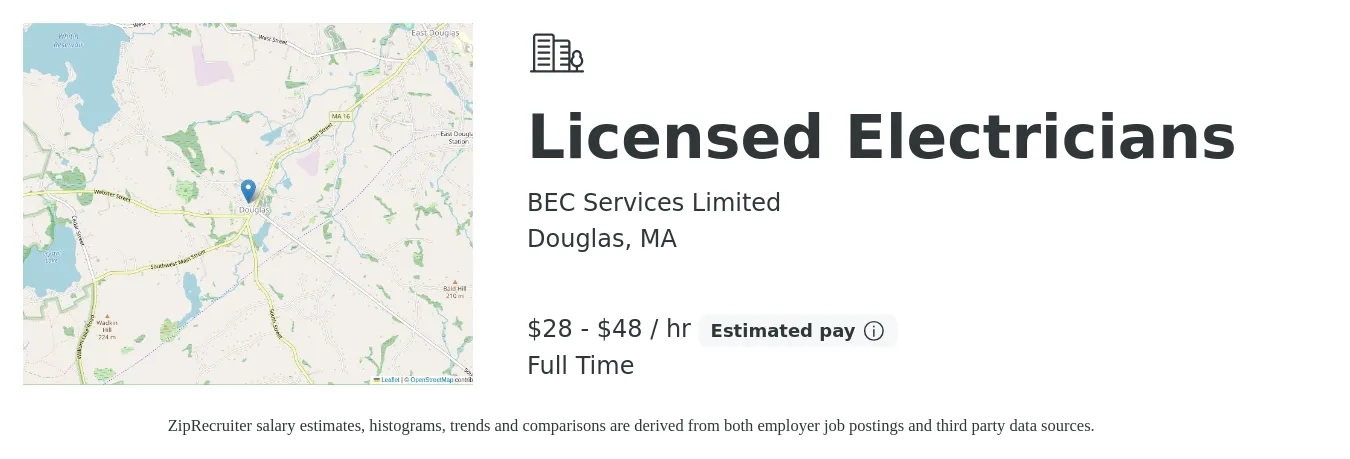 BEC Services Limited job posting for a Licensed Electricians in Douglas, MA with a salary of $30 to $50 Hourly with a map of Douglas location.