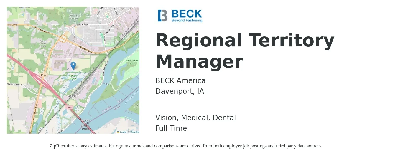 BECK America job posting for a Regional Territory Manager in Davenport, IA with a salary of $71,100 to $105,800 Yearly and benefits including vision, dental, medical, and retirement with a map of Davenport location.