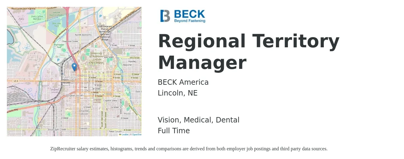 BECK America job posting for a Regional Territory Manager in Lincoln, NE with a salary of $65,300 to $97,100 Yearly and benefits including dental, medical, retirement, and vision with a map of Lincoln location.