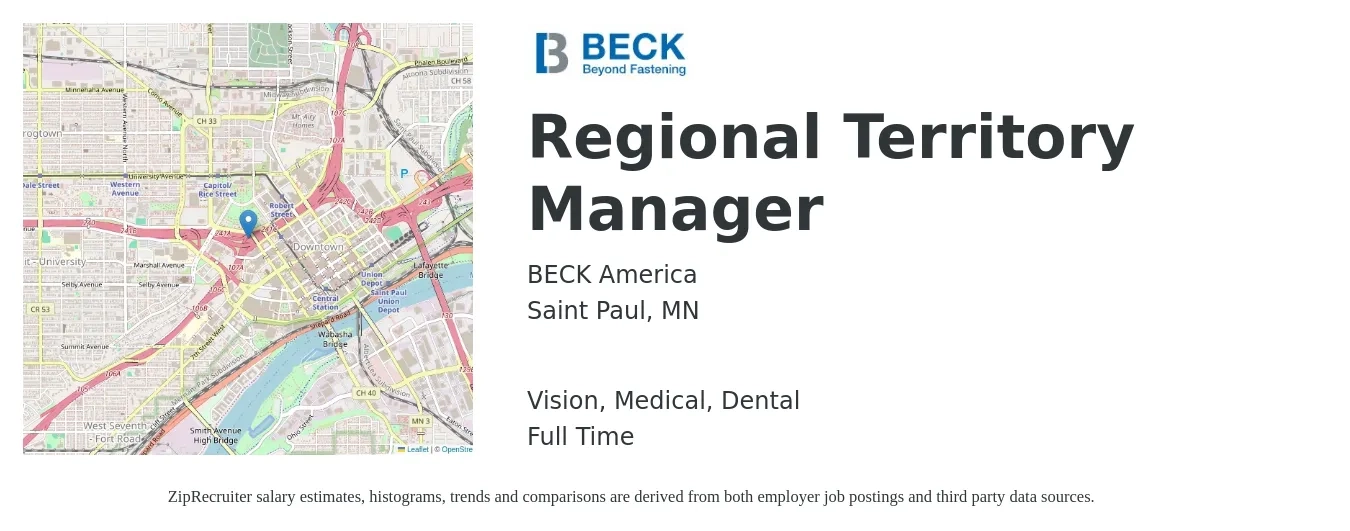 BECK America job posting for a Regional Territory Manager in Saint Paul, MN with a salary of $75,900 to $112,800 Yearly and benefits including retirement, vision, dental, and medical with a map of Saint Paul location.