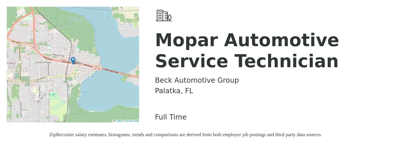 Beck Automotive Group job posting for a Mopar Automotive Service Technician in Palatka, FL with a salary of $50,000 to $100,000 Yearly with a map of Palatka location.
