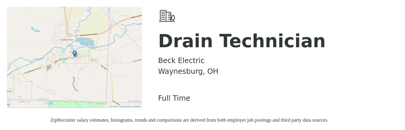 Beck Electric job posting for a Drain Technician in Waynesburg, OH with a salary of $18 to $25 Hourly with a map of Waynesburg location.