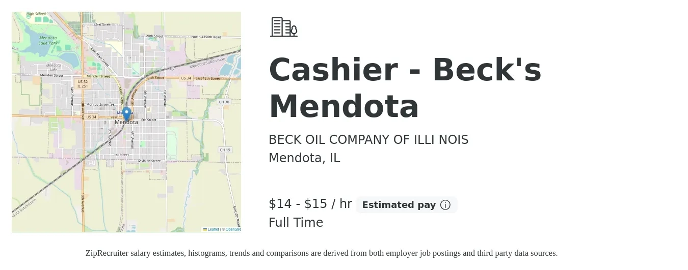 BECK OIL COMPANY OF ILLI NOIS job posting for a Cashier - Beck's Mendota in Mendota, IL with a salary of $15 to $16 Hourly with a map of Mendota location.
