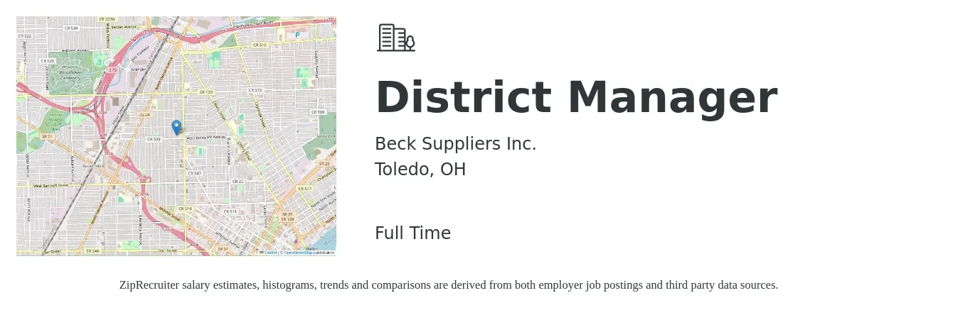 Beck Suppliers, Inc. job posting for a District Manager in Toledo, OH with a salary of $59,100 to $84,200 Yearly with a map of Toledo location.