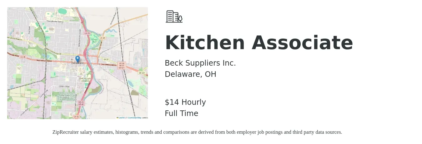 Beck Suppliers Inc. job posting for a Kitchen Associate in Delaware, OH with a salary of $15 Hourly with a map of Delaware location.