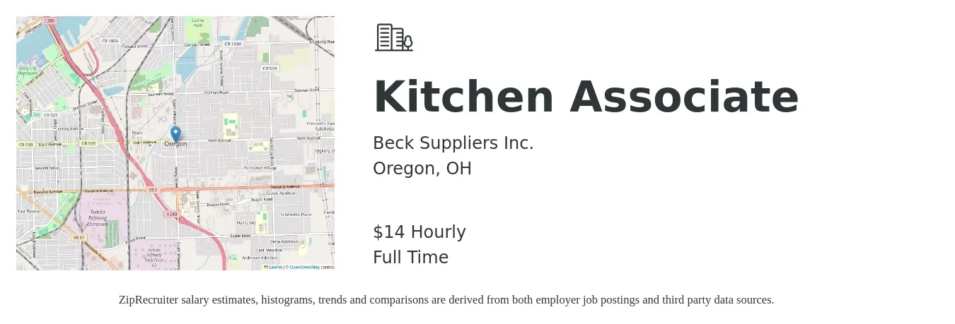 Beck Suppliers Inc. job posting for a Kitchen Associate in Oregon, OH with a salary of $15 Hourly with a map of Oregon location.