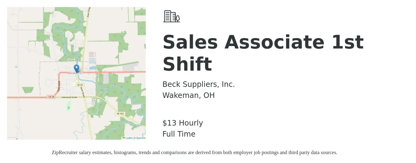 Beck Suppliers Inc. job posting for a Sales Associate 1st Shift in Wakeman, OH with a salary of $14 Hourly with a map of Wakeman location.
