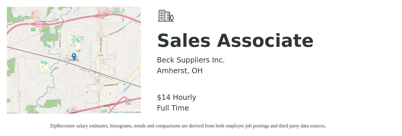 Beck Suppliers Inc. job posting for a Sales Associate in Amherst, OH with a salary of $15 Hourly with a map of Amherst location.
