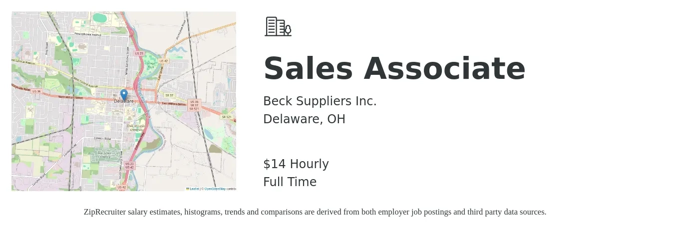 Beck Suppliers Inc. job posting for a Sales Associate in Delaware, OH with a salary of $15 Hourly with a map of Delaware location.