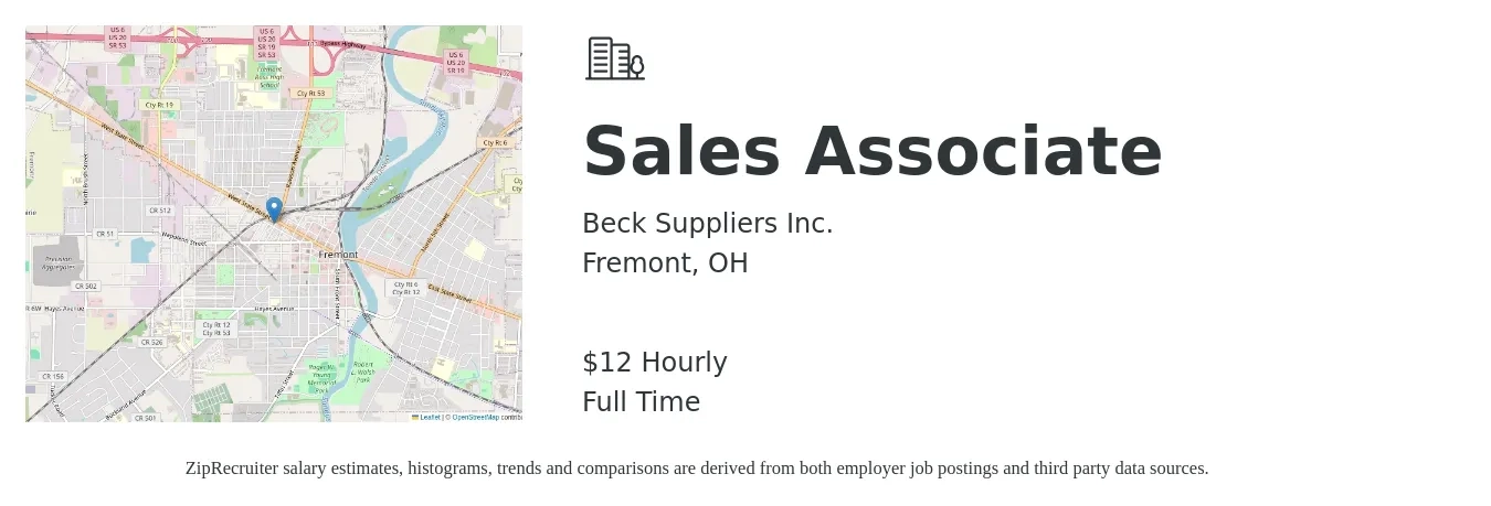 Beck Suppliers, Inc. job posting for a Sales Associate in Fremont, OH with a salary of $13 Hourly with a map of Fremont location.