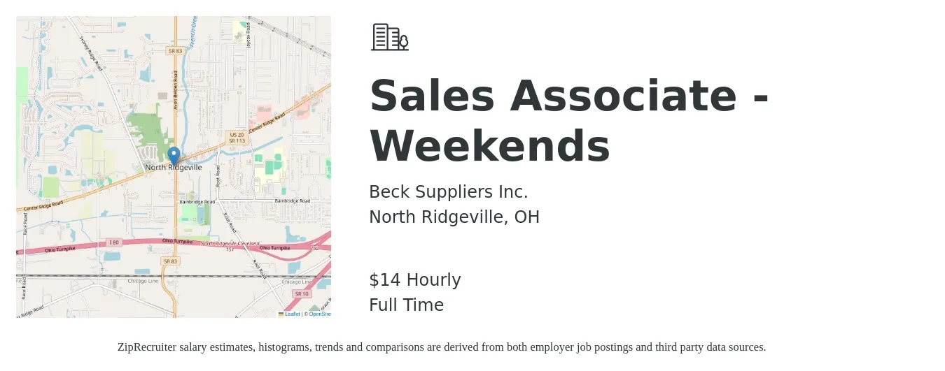 Beck Suppliers Inc. job posting for a Sales Associate - Weekends in North Ridgeville, OH with a salary of $15 Hourly with a map of North Ridgeville location.