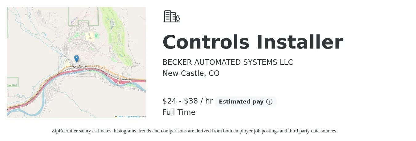 BECKER AUTOMATED SYSTEMS LLC job posting for a Controls Installer in New Castle, CO with a salary of $25 to $40 Hourly with a map of New Castle location.
