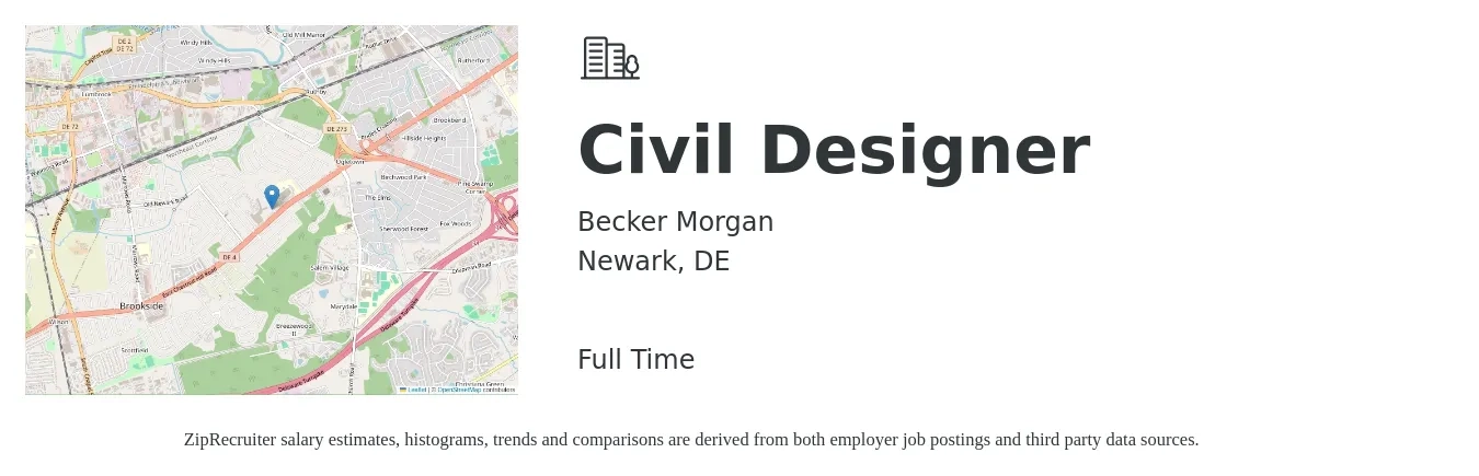 Becker Morgan job posting for a Civil Designer in Newark, DE with a salary of $66,200 to $92,200 Yearly with a map of Newark location.