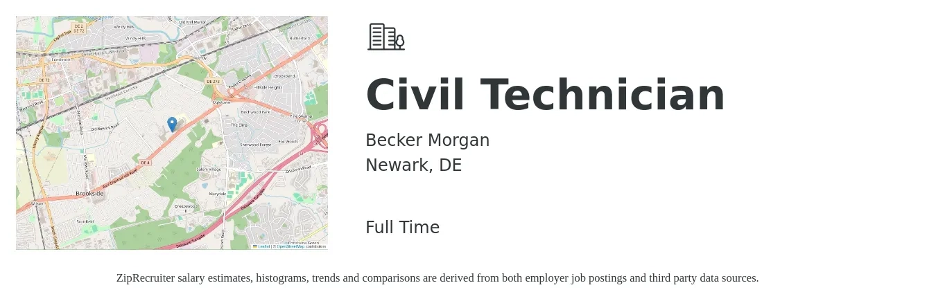 Becker Morgan job posting for a Civil Technician in Newark, DE with a salary of $21 to $28 Hourly with a map of Newark location.