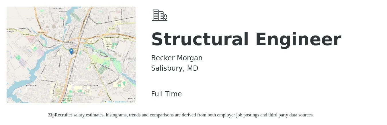 Becker Morgan job posting for a Structural Engineer in Salisbury, MD with a salary of $79,000 to $111,600 Yearly with a map of Salisbury location.