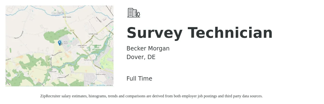 Becker Morgan job posting for a Survey Technician in Dover, DE with a salary of $31,000 to $46,500 Yearly with a map of Dover location.