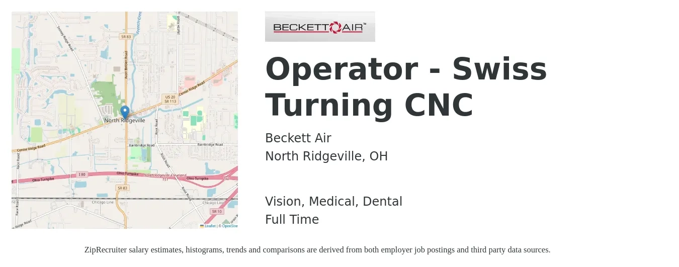 Beckett Air job posting for a Operator - Swiss Turning CNC in North Ridgeville, OH with a salary of $18 to $25 Hourly and benefits including vision, dental, life_insurance, medical, pto, and retirement with a map of North Ridgeville location.