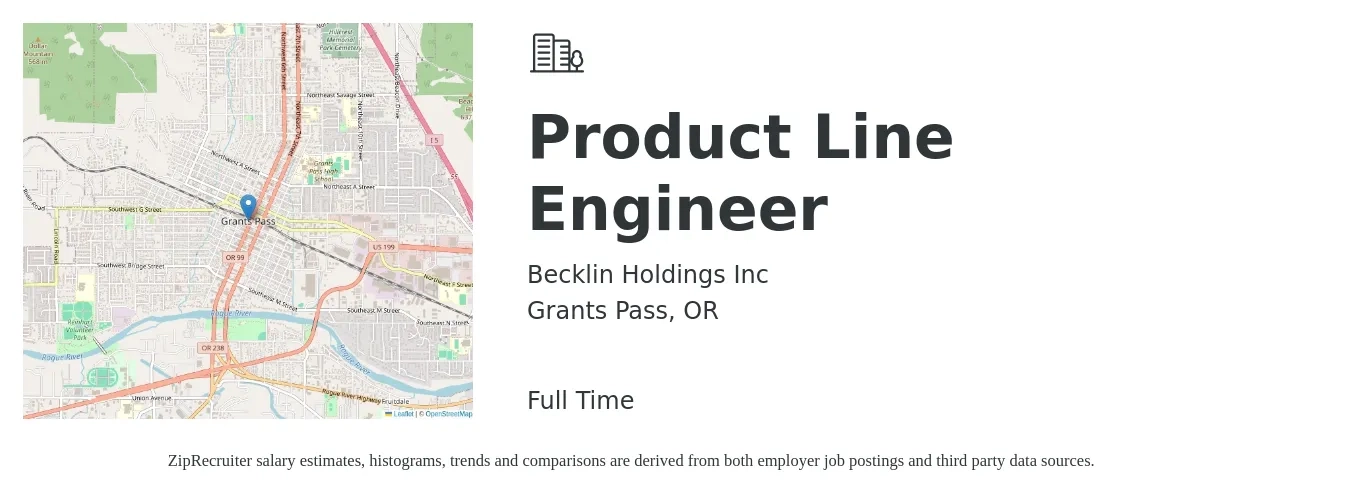 Becklin Holdings Inc job posting for a Product Line Engineer in Grants Pass, OR with a salary of $87,900 to $204,700 Yearly with a map of Grants Pass location.