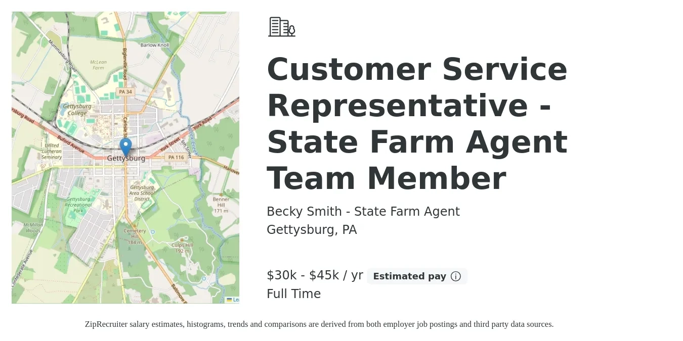 Becky Smith - State Farm Agent job posting for a Customer Service Representative - State Farm Agent Team Member in Gettysburg, PA with a salary of $31,000 to $45,000 Yearly with a map of Gettysburg location.
