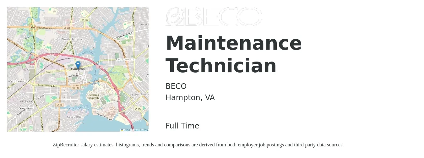BECO job posting for a Maintenance Technician in Hampton, VA with a salary of $18 to $26 Hourly with a map of Hampton location.