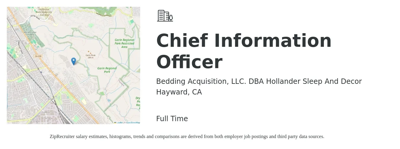 Bedding Acquisition, LLC. DBA Hollander Sleep And Decor job posting for a Chief Information Officer in Hayward, CA with a salary of $143,400 to $216,300 Yearly with a map of Hayward location.
