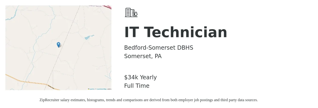 Bedford-Somerset DBHS job posting for a IT Technician in Somerset, PA with a salary of $34,301 Yearly with a map of Somerset location.