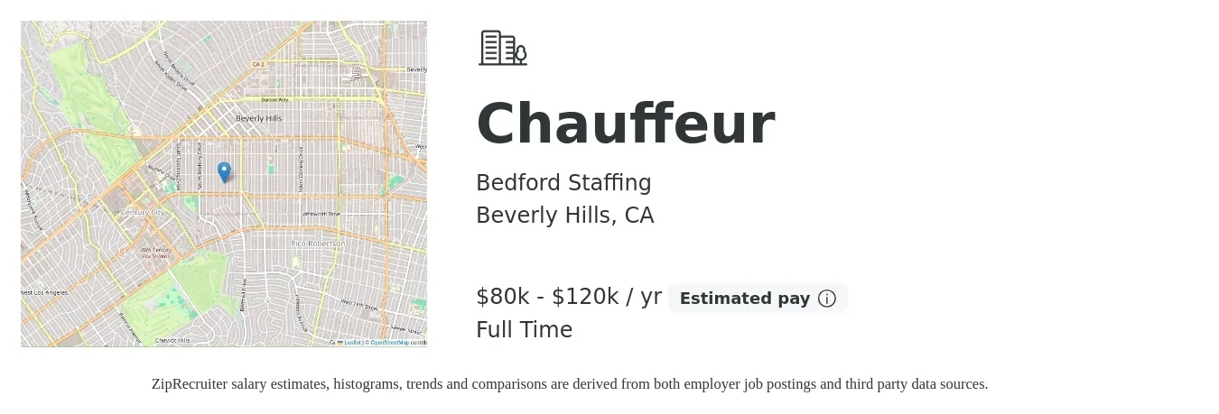 Bedford Staffing job posting for a Chauffeur in Beverly Hills, CA with a salary of $80,000 to $120,000 Yearly with a map of Beverly Hills location.