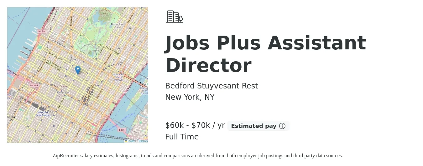 Bedford Stuyvesant Rest job posting for a Jobs Plus Assistant Director in New York, NY with a salary of $60,000 to $70,000 Yearly with a map of New York location.