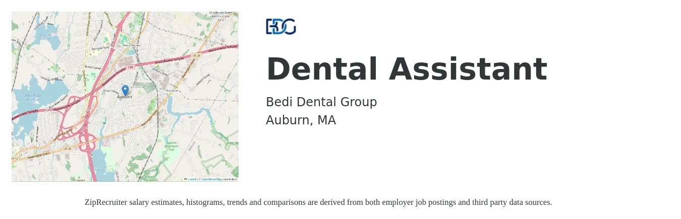 Bedi Dental Group job posting for a Dental Assistant in Auburn, MA with a salary of $25 to $30 Hourly with a map of Auburn location.