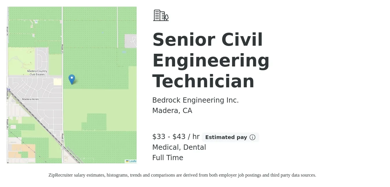 Bedrock Engineering Inc. job posting for a Senior Civil Engineering Technician in Madera, CA with a salary of $35 to $45 Hourly and benefits including retirement, dental, life_insurance, medical, and pto with a map of Madera location.