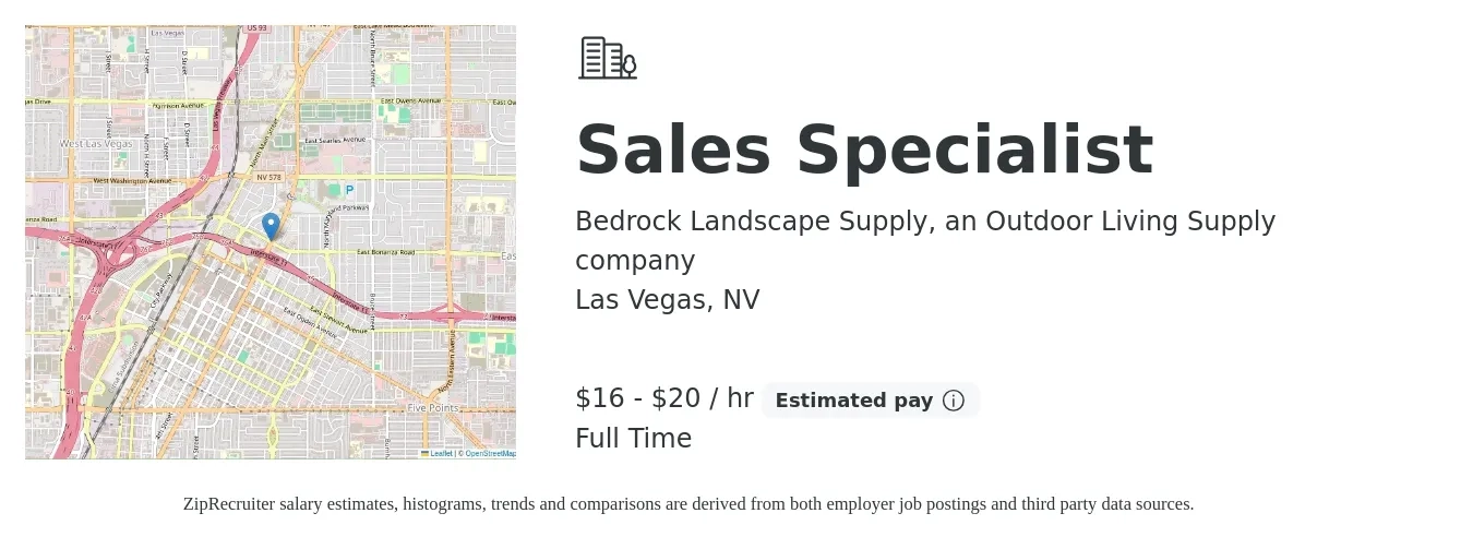 Bedrock Landscape Supply, an Outdoor Living Supply company job posting for a Sales Specialist in Las Vegas, NV with a salary of $17 to $21 Hourly with a map of Las Vegas location.