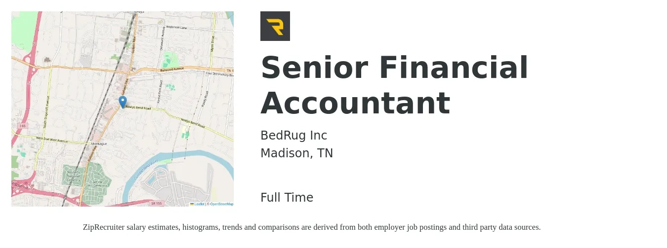 BedRug Inc job posting for a Senior Financial Accountant in Madison, TN with a salary of $69,000 to $88,900 Yearly with a map of Madison location.