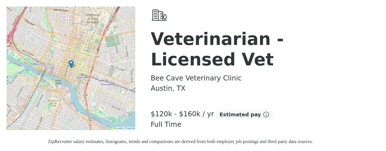 Bee Cave Veterinary Clinic job posting for a Veterinarian - Licensed Vet in Austin, TX with a salary of $120,000 to $160,000 Yearly with a map of Austin location.