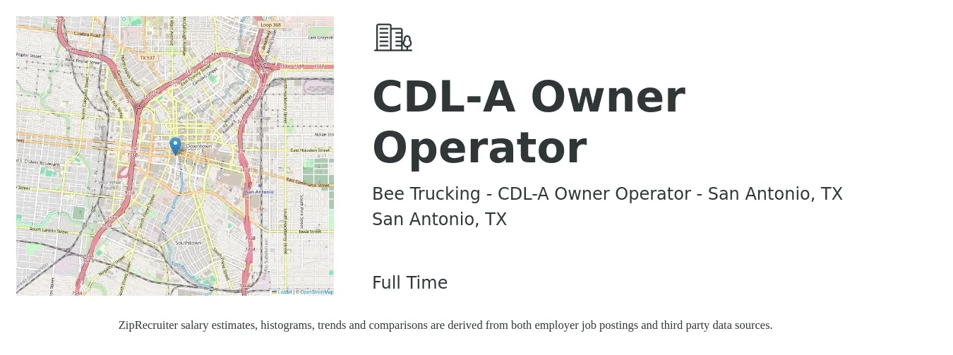 Bee Trucking - CDL-A Owner Operator - San Antonio, TX job posting for a CDL-A Owner Operator in San Antonio, TX with a salary of $250,000 Yearly with a map of San Antonio location.
